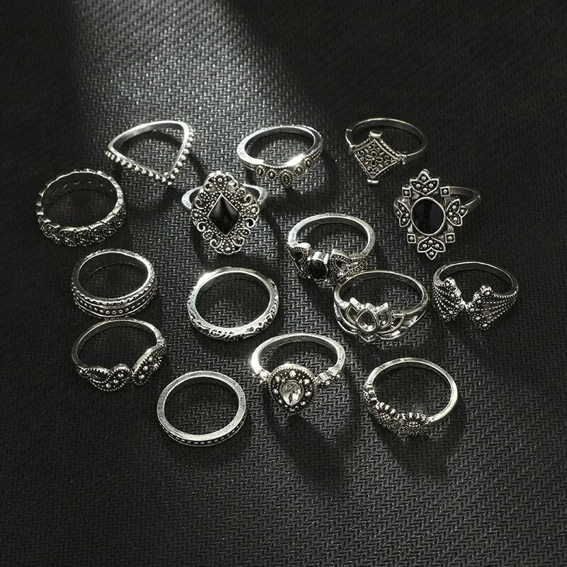 15 pcs/Set Alloy Silver Black Stone Party Anillo/Crown Elephant Rings For Girls