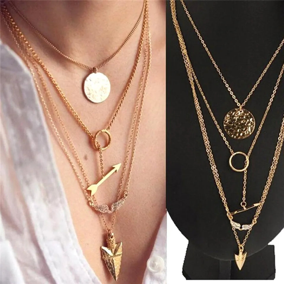 5 in 1 Gold Color Multi Layered Alloy Arrow Necklace For Girls