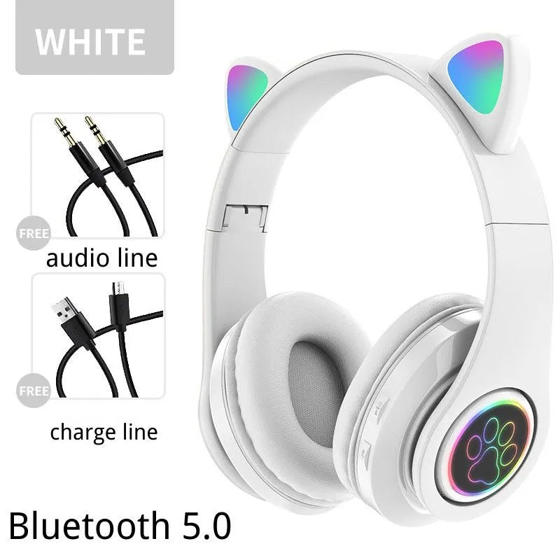 Cat Ear Wireless Bluetooth Headphones for Girls with LED Light and Microphone