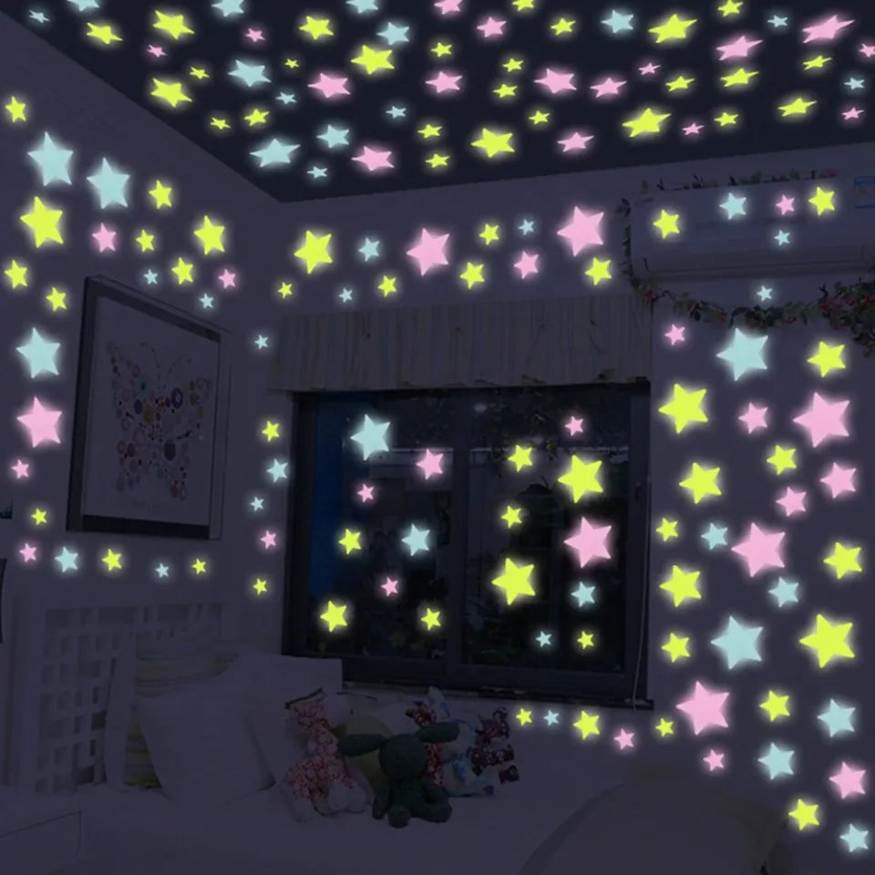 Pack of 100 3D Stars Glow in the Dark Wall Stickers Luminous Fluorescent for Kids Room