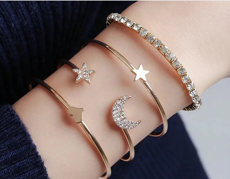4PCS Set Open Bangle Delicate Star Moon Crystal Bracelet For Women