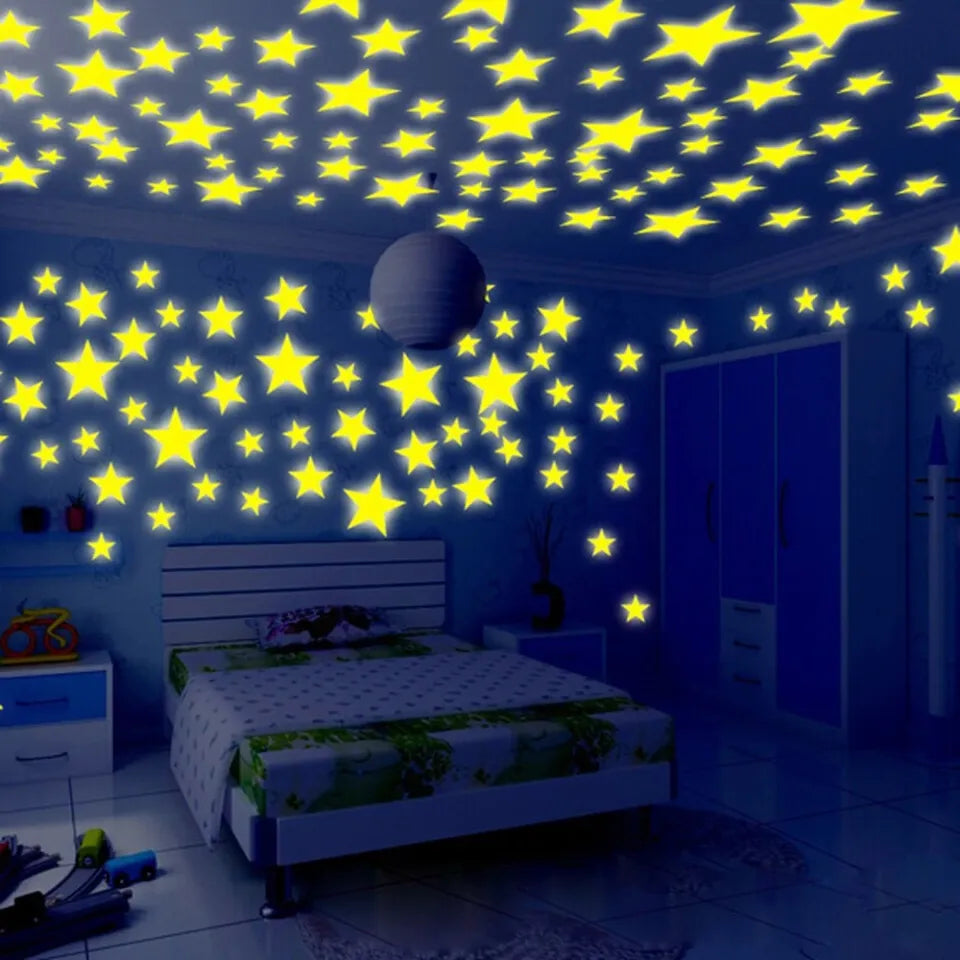 Pack of 100 3D Stars Glow in the Dark Wall Stickers Luminous Fluorescent for Kids Room