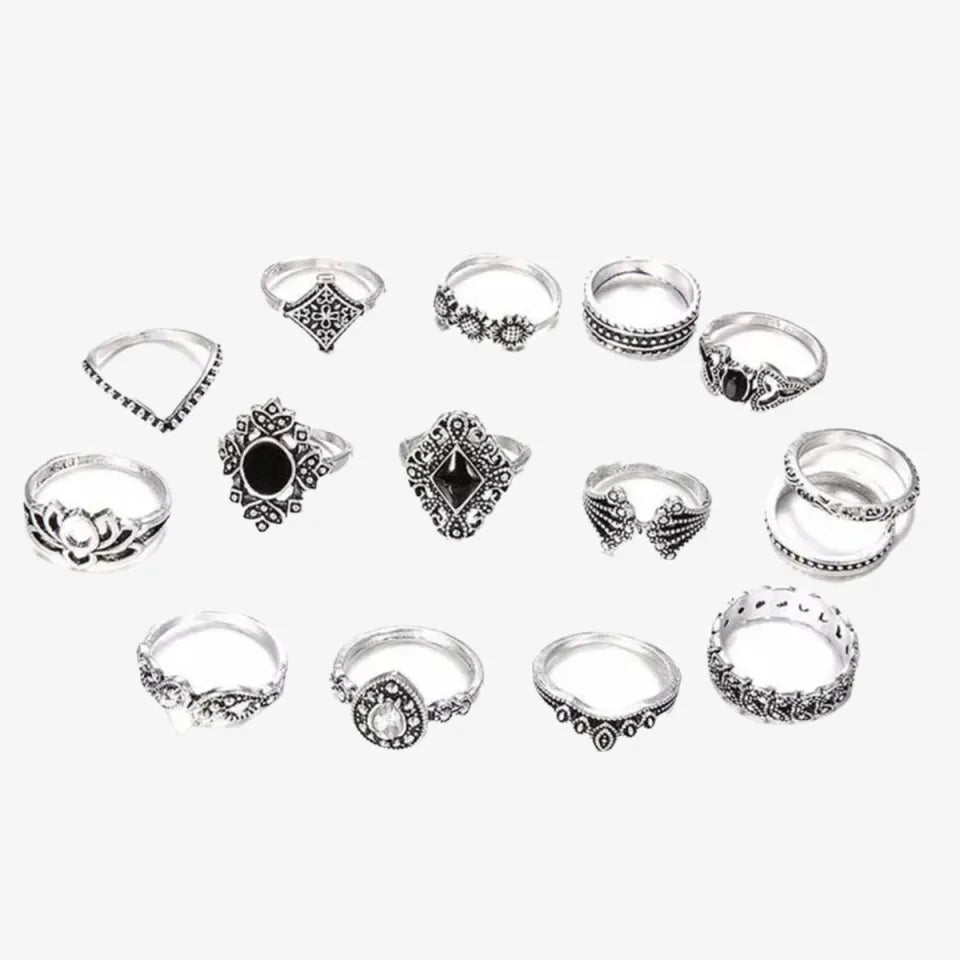 15 pcs/Set Alloy Silver Black Stone Party Anillo/Crown Elephant Rings For Girls