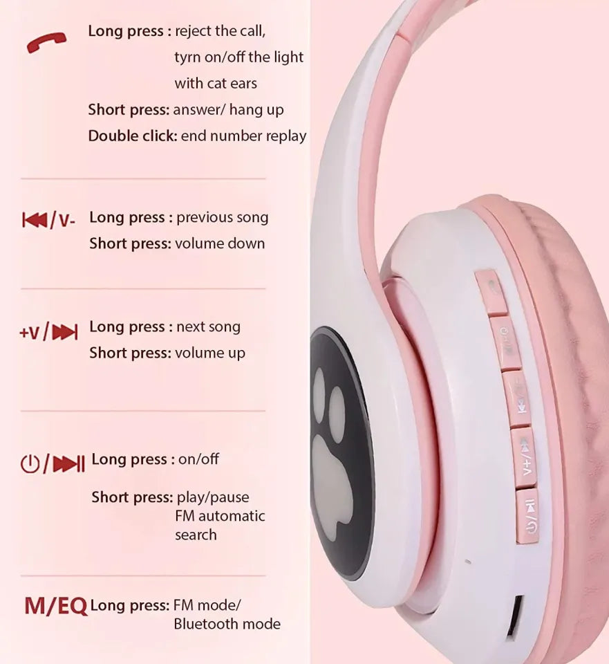 Cat Ear Wireless Bluetooth Headphones for Girls with LED Light and Microphone