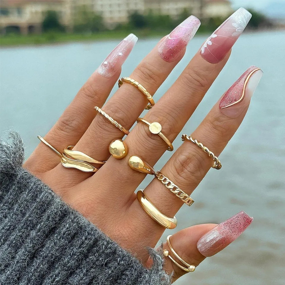 New 2025 Elegant Gold Metal Exaggerated Geometric Arcs Open Rings Set