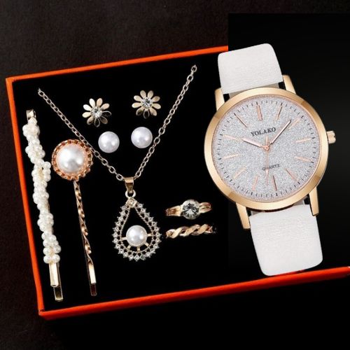 Fashionable Minimalist Numeric Markers Dial Quartz Watch And Jewelry Set (5pcs/Set)