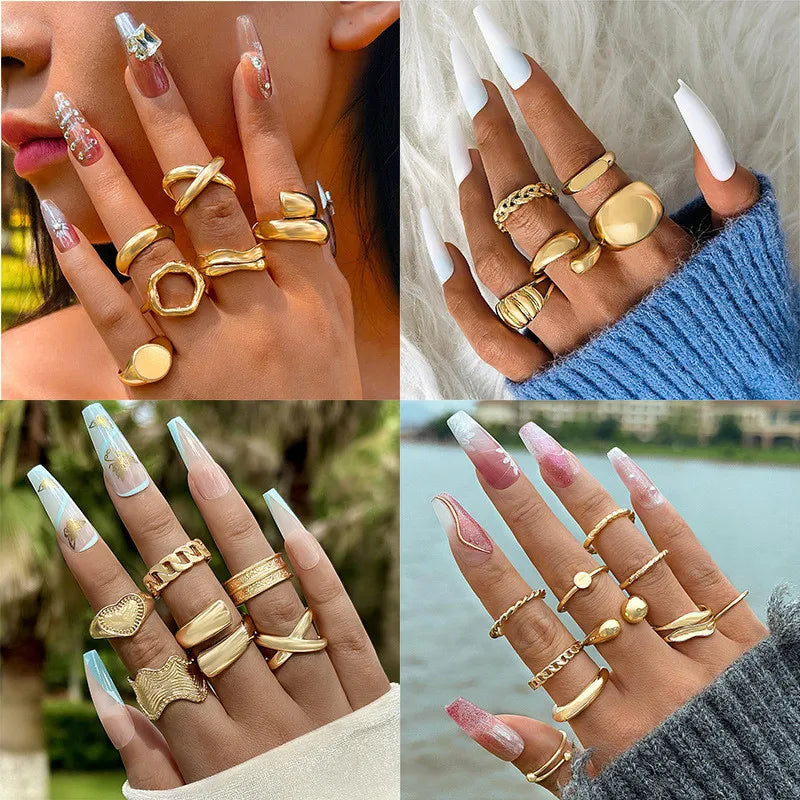 New 2025 Elegant Gold Metal Exaggerated Geometric Arcs Open Rings Set