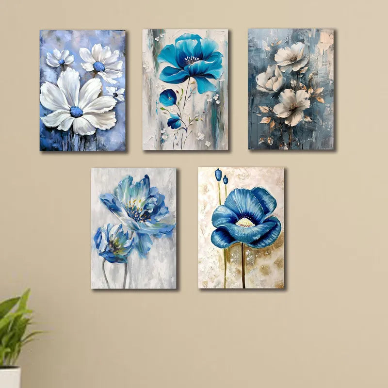 set of 5 blue flowers wall art wooden frames for home decoration