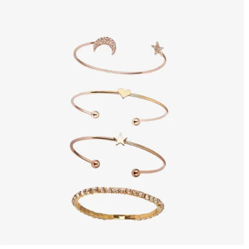 4PCS Set Open Bangle Delicate Star Moon Crystal Bracelet For Women