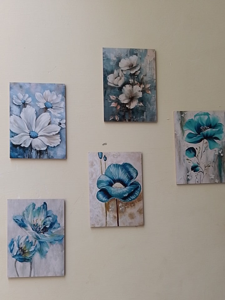 set of 5 blue flowers wall art wooden frames for home decoration