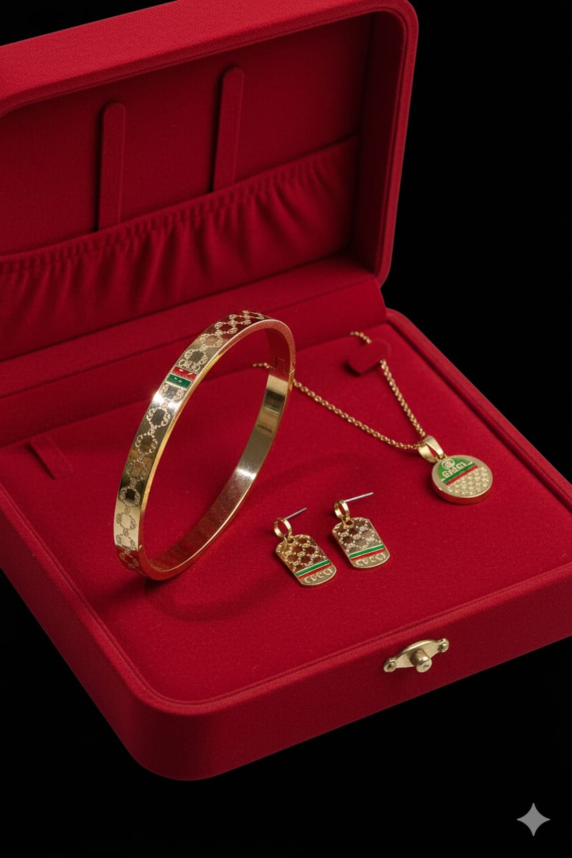 Stainless Steel Gucci Combo Set Handcuf  Chain Locket earing