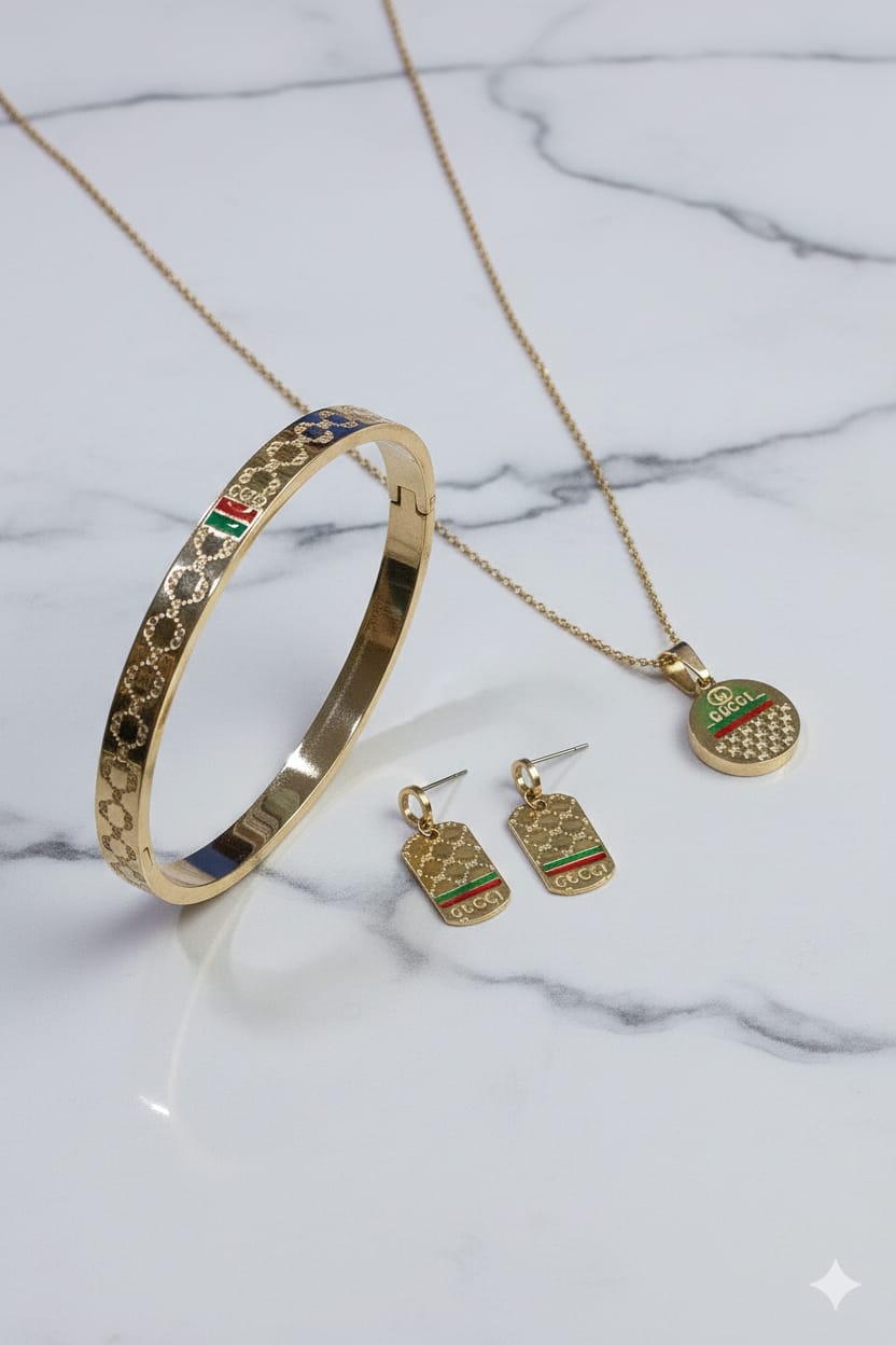 Stainless Steel Gucci Combo Set Handcuf  Chain Locket earing