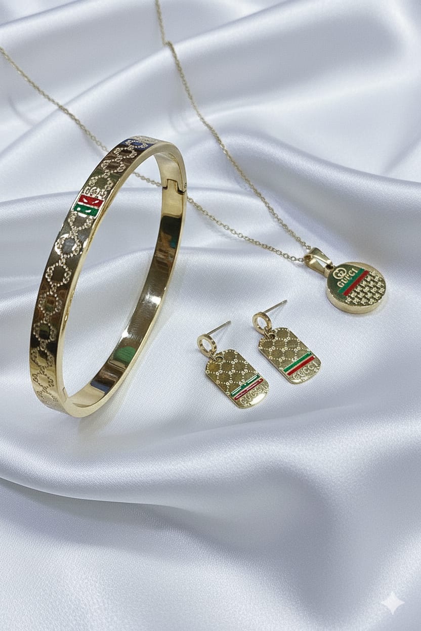 Stainless Steel Gucci Combo Set Handcuf  Chain Locket earing