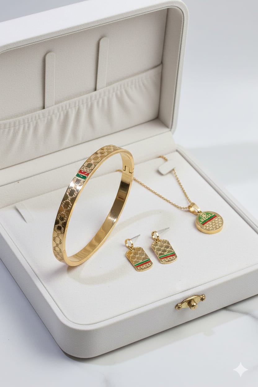 Stainless Steel Gucci Combo Set Handcuf  Chain Locket earing