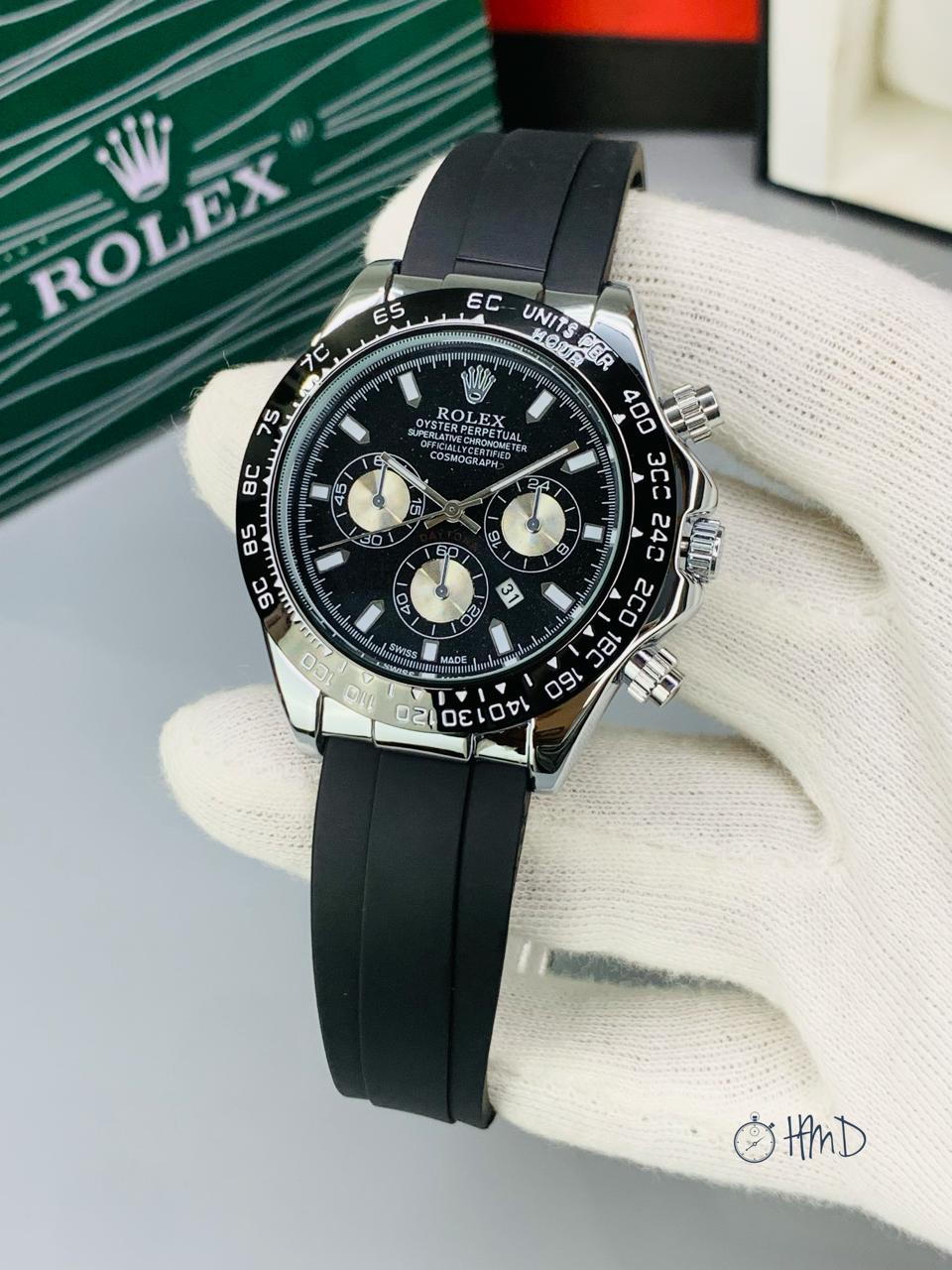 Rolex-Style Oyster Perpetual Cosmograph – Black Dial, Rubber Strap